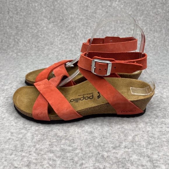 Birkenstock Papillio Orange Lola Nubuck Leather Ankle Strap Wedge Sandal Size 39 - Picture 4 of 9